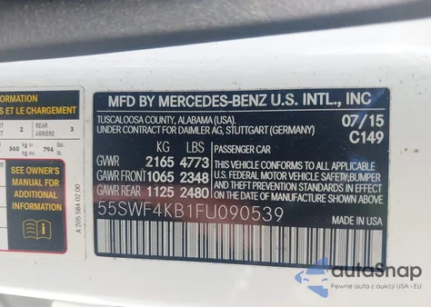 2015 Mercedes-Benz C 300 4Matic/Luxury 4Matic/Sport 4Matic z USA, uszkodzony, nr VIN 55SWF4KB1FU090539